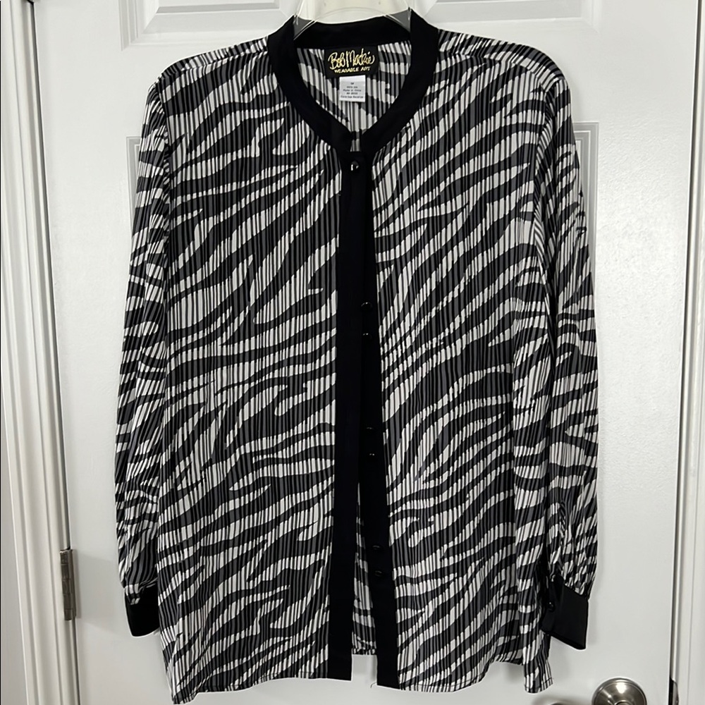 Bob Mackie 100% Silk Black and White Striped Blouse - Size 1X - Picture 1 of 7